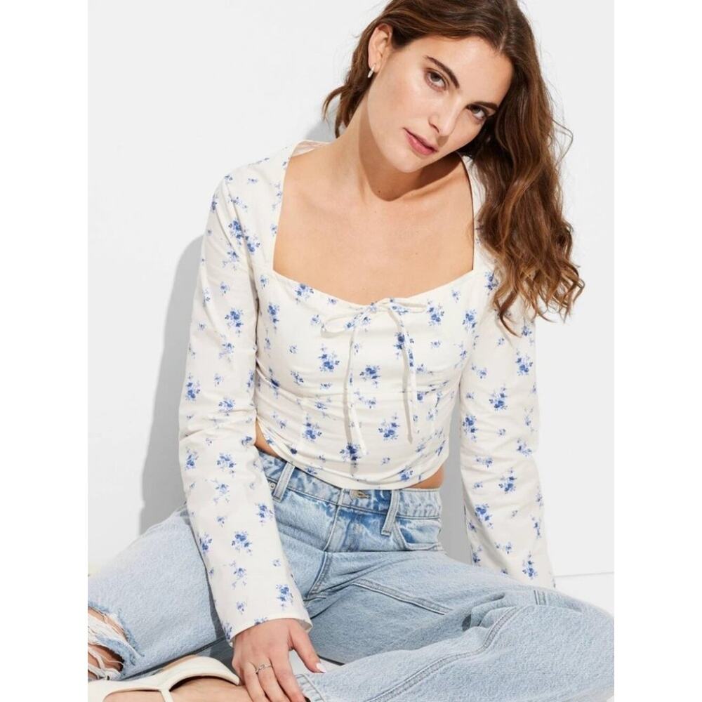Wild fable Women's Long Sleeve Cotton Milkmaid Top Cream/Blue Floral size XL